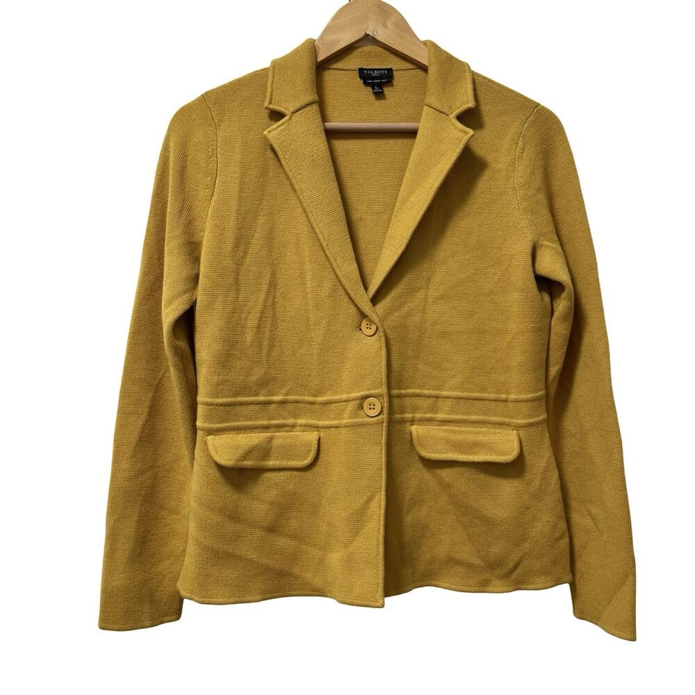 Talbots Womens Merino Wool Knit Blazer Cardigan Size SP Mustard Yellow‎ Academia